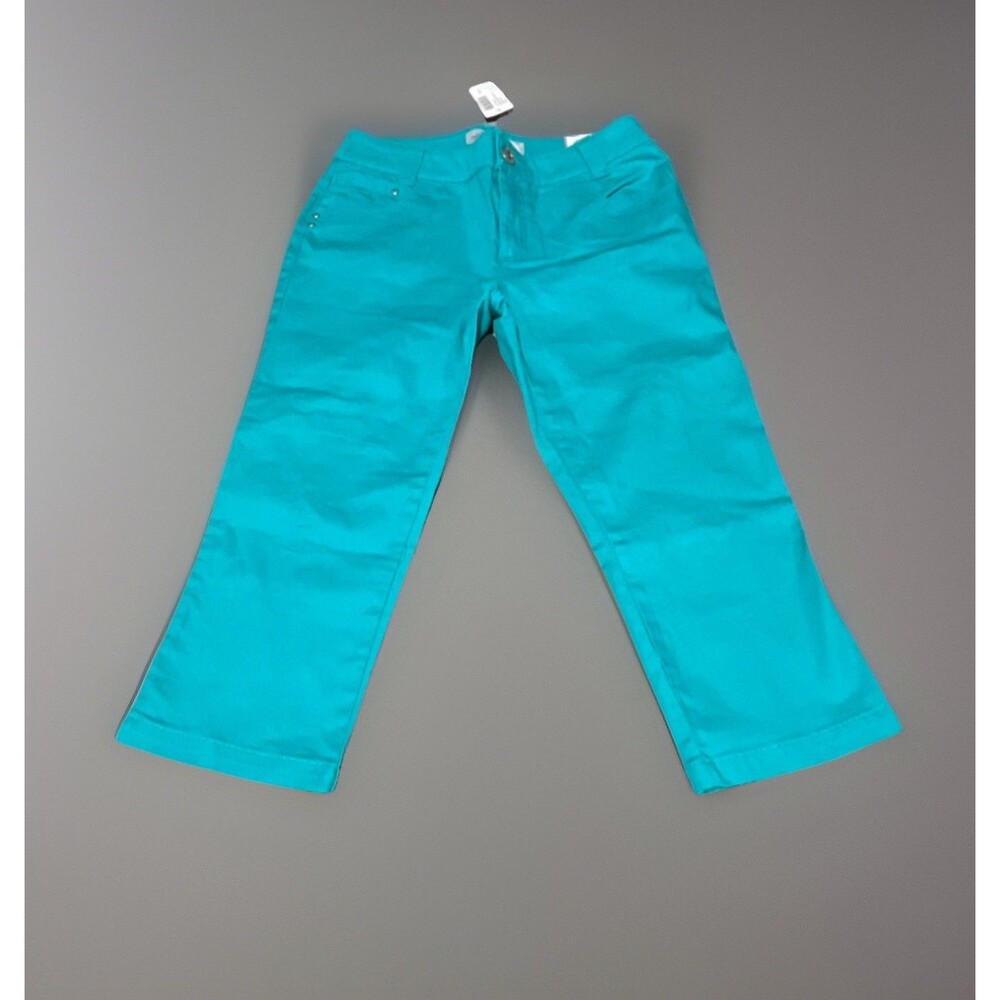 Chico's Platinum Denim Women's Crop Jeans Cyan Stretch Solid 5-Pocket Button Zip